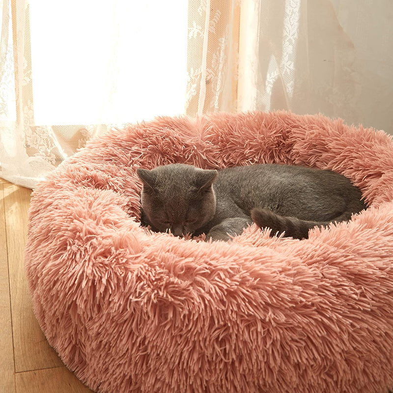 Plush Faux Fur round Pet Dog Bed, Comfortable Fuzzy Donut Cuddler Cushion for Dogs & Cats, Soft Shaggy and Warm for Winter (Pink, 23.6")