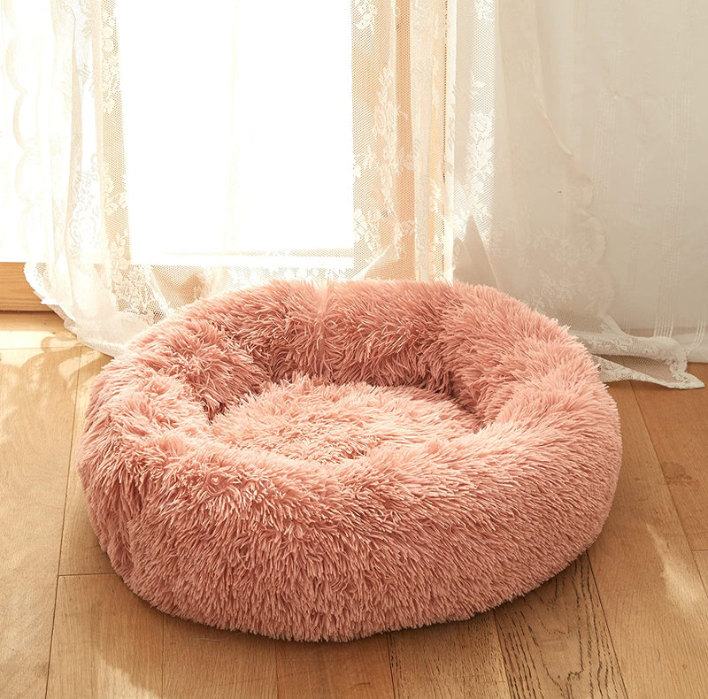 Plush Faux Fur round Pet Dog Bed, Comfortable Fuzzy Donut Cuddler Cushion for Dogs & Cats, Soft Shaggy and Warm for Winter (Pink, 23.6")