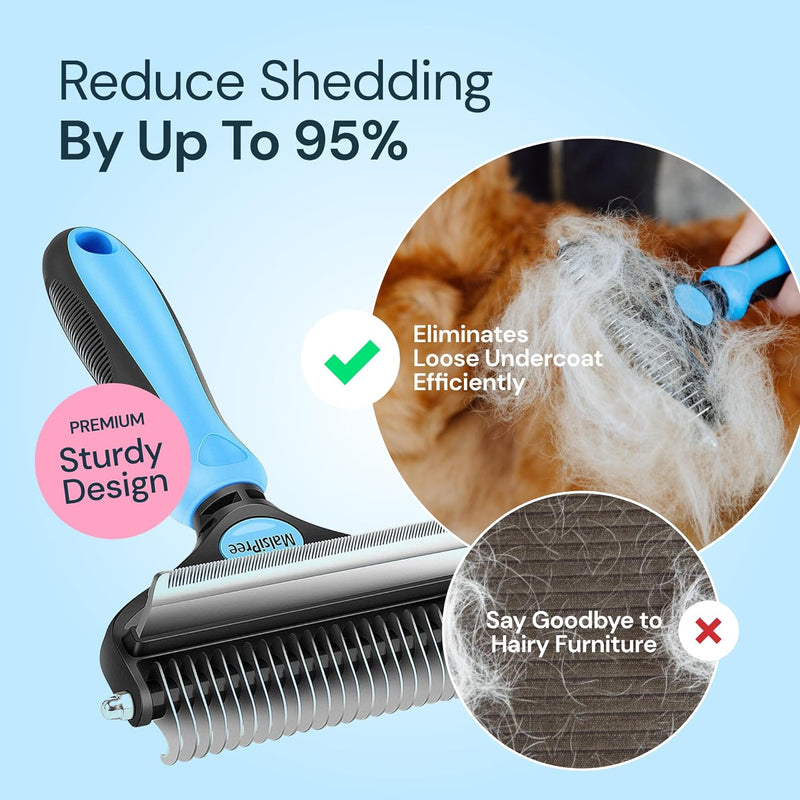 Dog Grooming Brush for Shedding - 2 in 1 Deshedding Tool and Undercoat Rake for Long and Short Haired Dogs with Double Coat - Dematting Comb and Pet Hair Deshedder Supplies (Large, Blue)