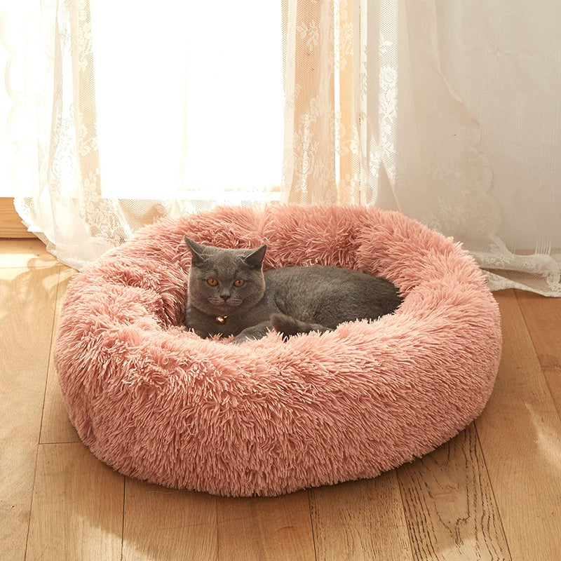 Plush Faux Fur round Pet Dog Bed, Comfortable Fuzzy Donut Cuddler Cushion for Dogs & Cats, Soft Shaggy and Warm for Winter (Pink, 23.6")