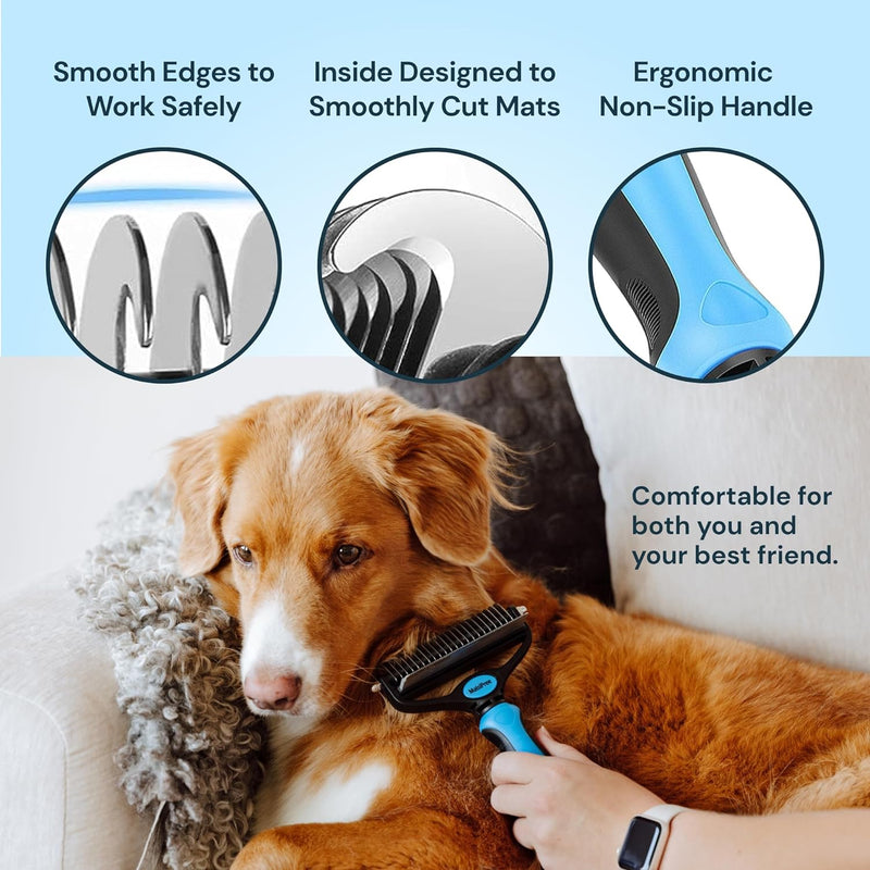 Dog Grooming Brush for Shedding - 2 in 1 Deshedding Tool and Undercoat Rake for Long and Short Haired Dogs with Double Coat - Dematting Comb and Pet Hair Deshedder Supplies (Large, Blue)